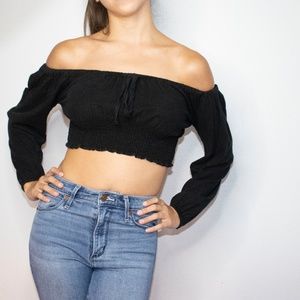 Long Sleeve Off Shoulder Black Crop Top